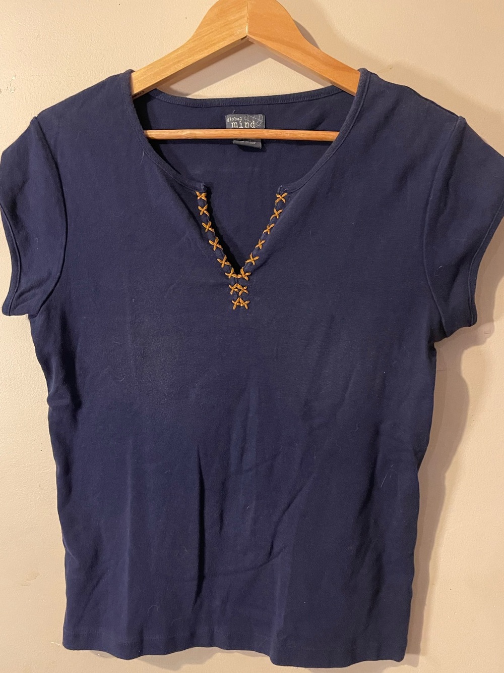 Global Mind Navy Blue Split Neck Mustard Cross Stitch Top Sz XL